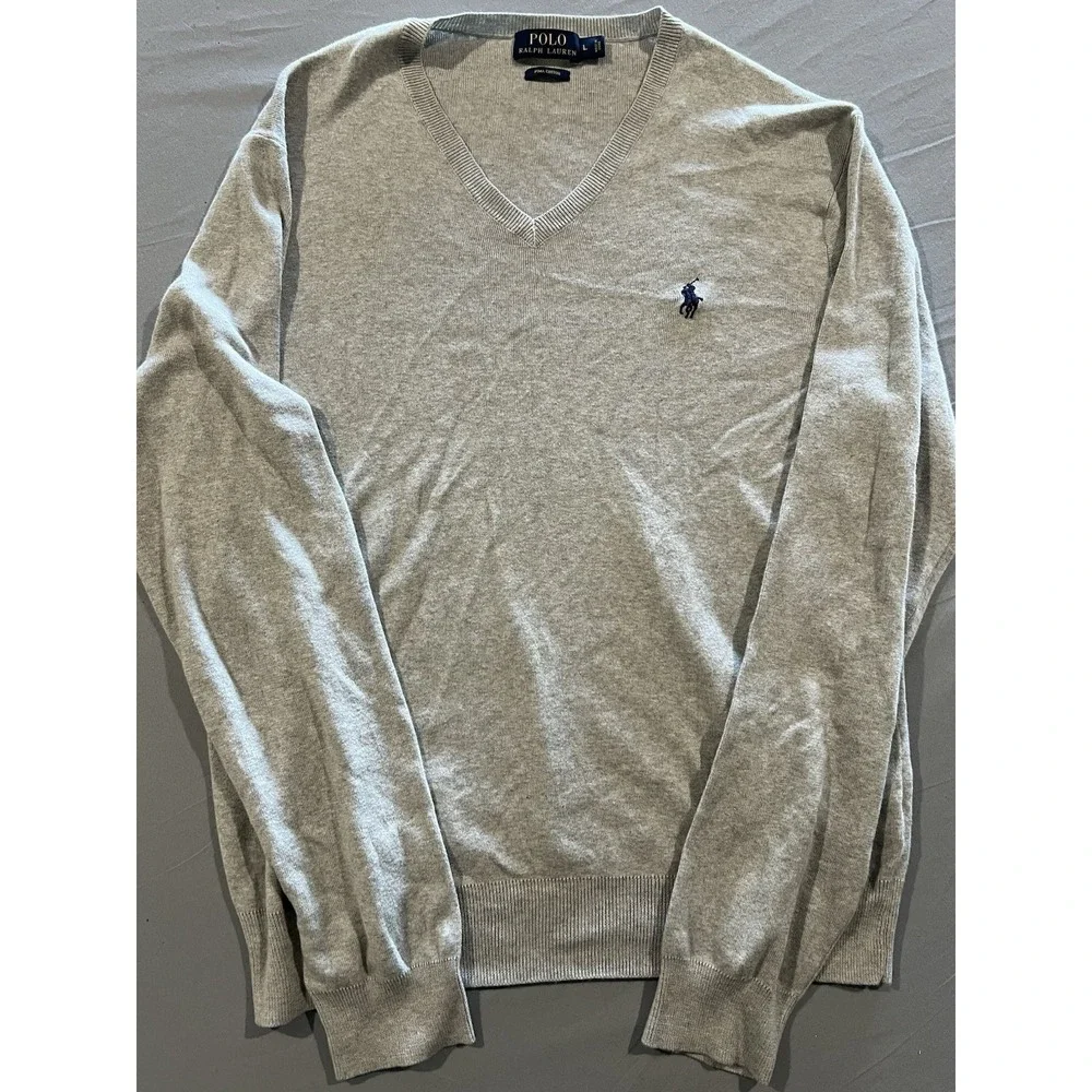 Polo Ralph Lauren Sweater‎ Mens Size Large Gray Pima Cotton Pullover V Neck Golf